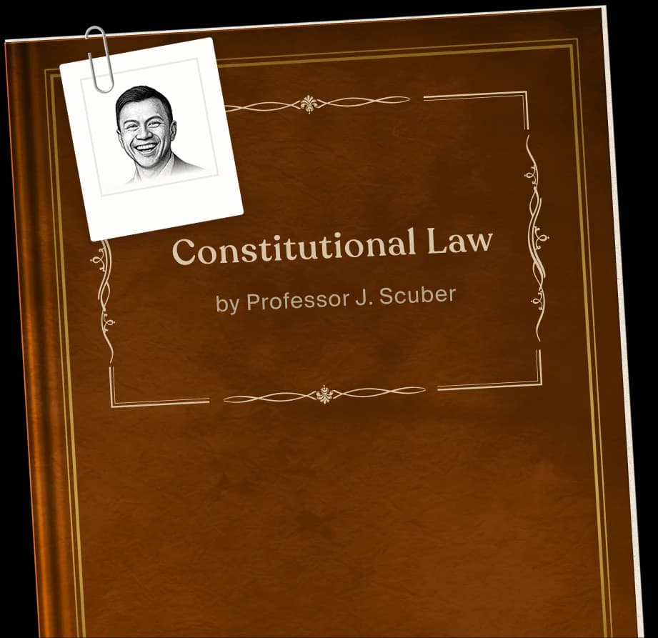A casebook titled Constitutional Law with the professor’s photo clipped to the cover